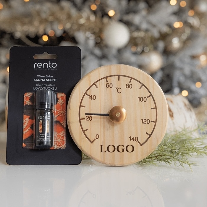 Bastutermometer med logotyp och bastudoft – presentset