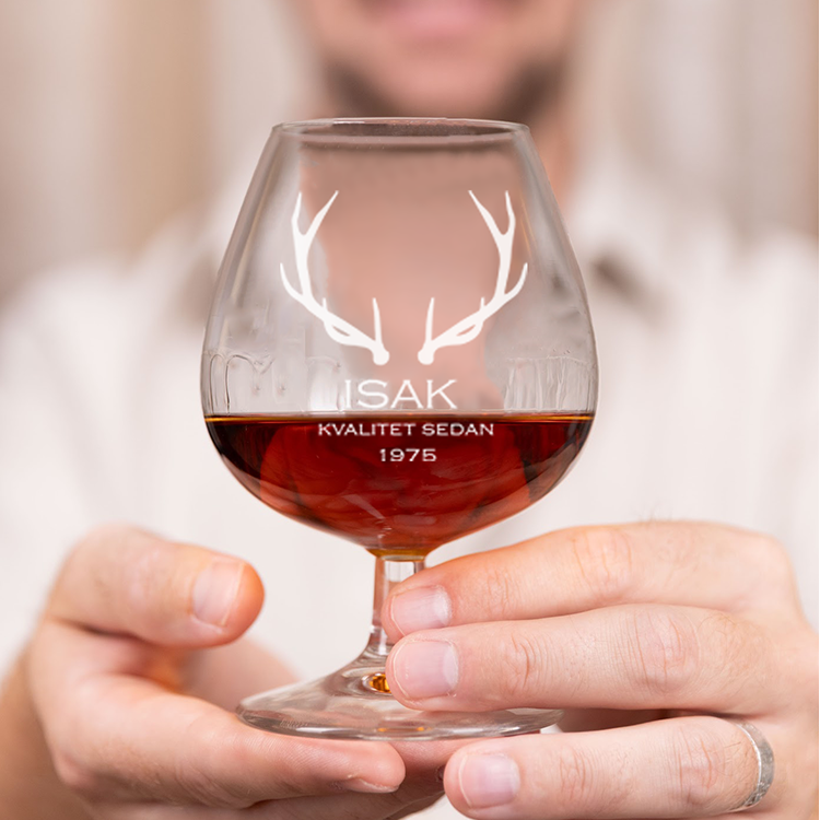 Konjaksglas med gravyr, horn