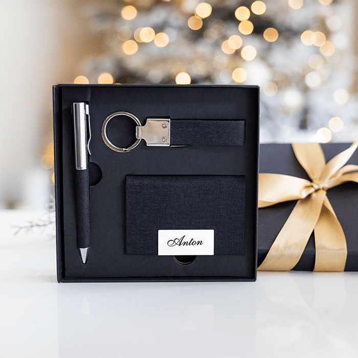 Presentset – korthållare, nyckelring och penna, jul