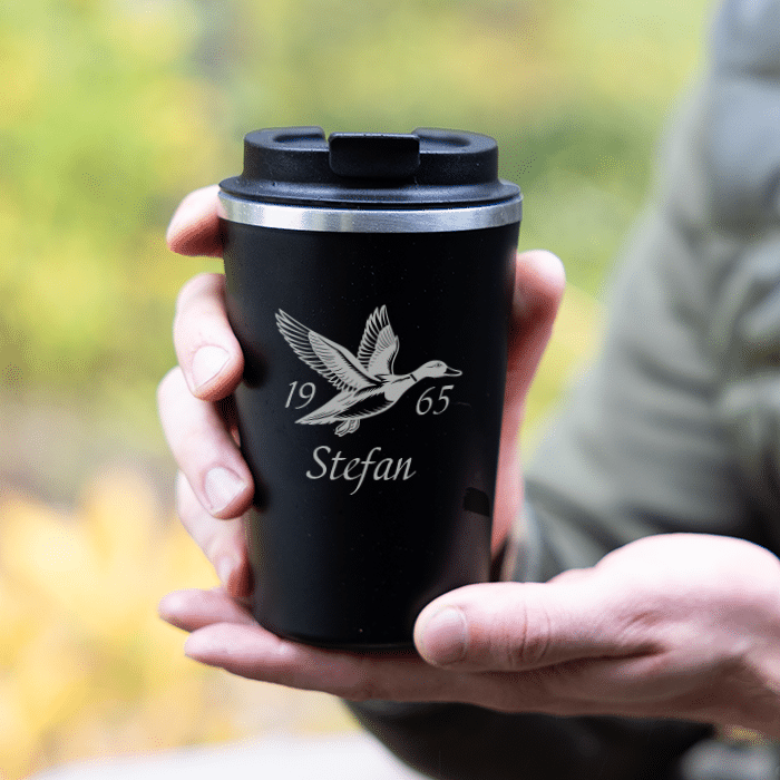 Termosmugg med gravyr, eget viltmotiv