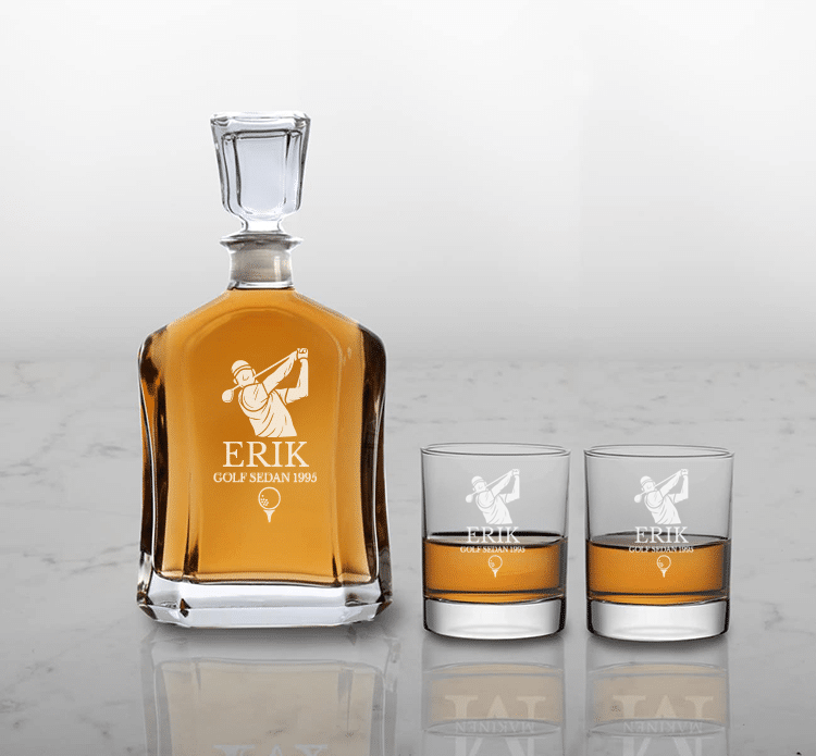 Whiskykaraff och -glas med gravyr, golf